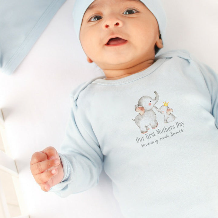 Personalised Our First Mother's Day Grey Elephant Blue Babygrow