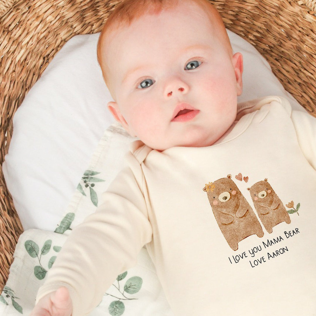 Personalised Our First Mother's Day Bears Beige Babygrow/Vest