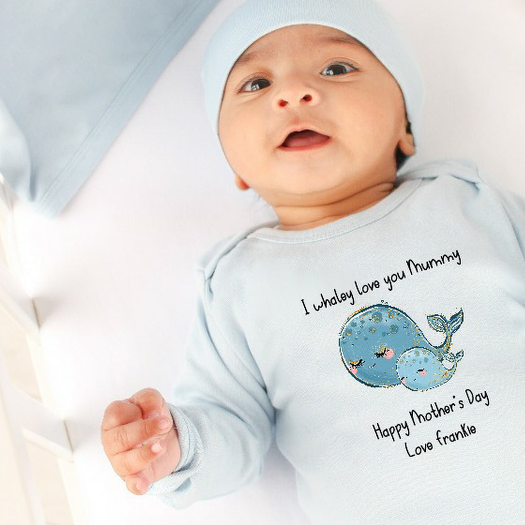 Personalised First Mother's Day I Whaley Love You Blue Babygrow