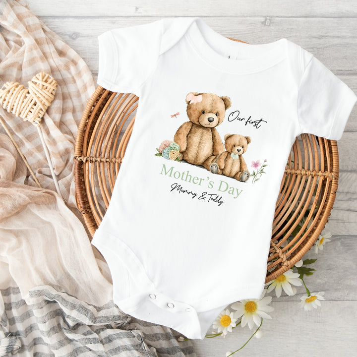 Personalised First Mother's Day Sage Teddy Babygrow/Vest