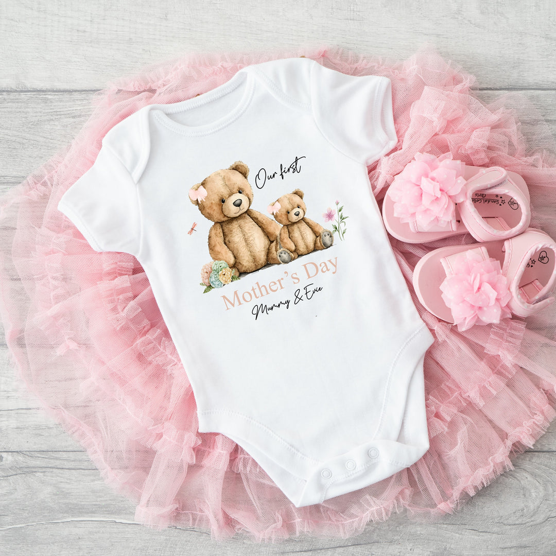Personalised First Mother's Day Pink Teddy Babygrow/Vest