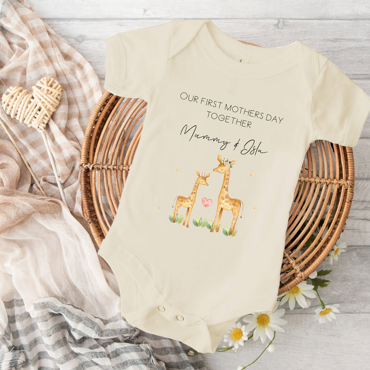 Personalised Our First Mother's Day Giraffes Beige Babygrow/Vest