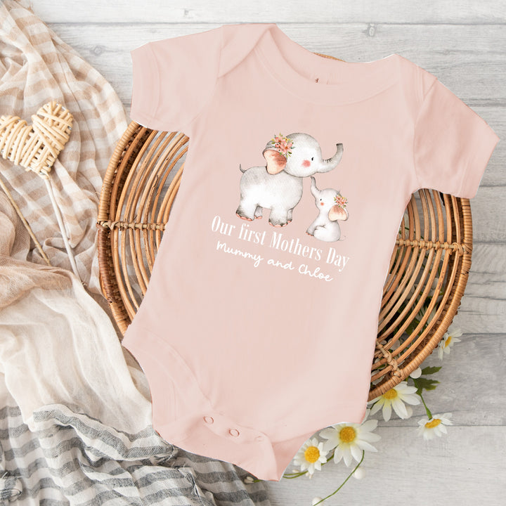 Personalised Our First Mother's Day Elephants Pink Babygrow/Vest