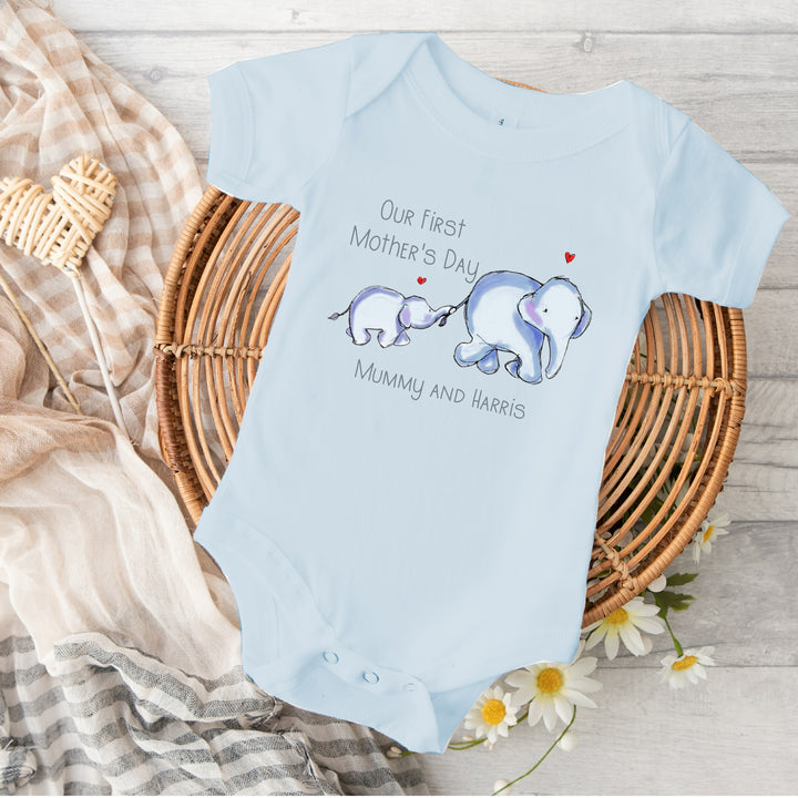 Personalised Our First Mother's Day Blue Elephants Baby Clothing [Vest | Babygrow in White | Blue | Pink | Beige]