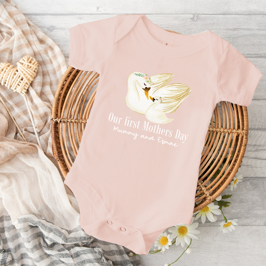 Personalised Our First Mother's Day Swans Pink Babygrow/Vest