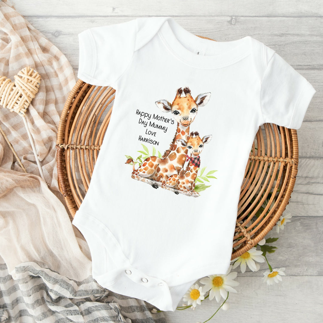 Giraffe Baby Boy Personalised First Mother's Day Babygrow/Vest