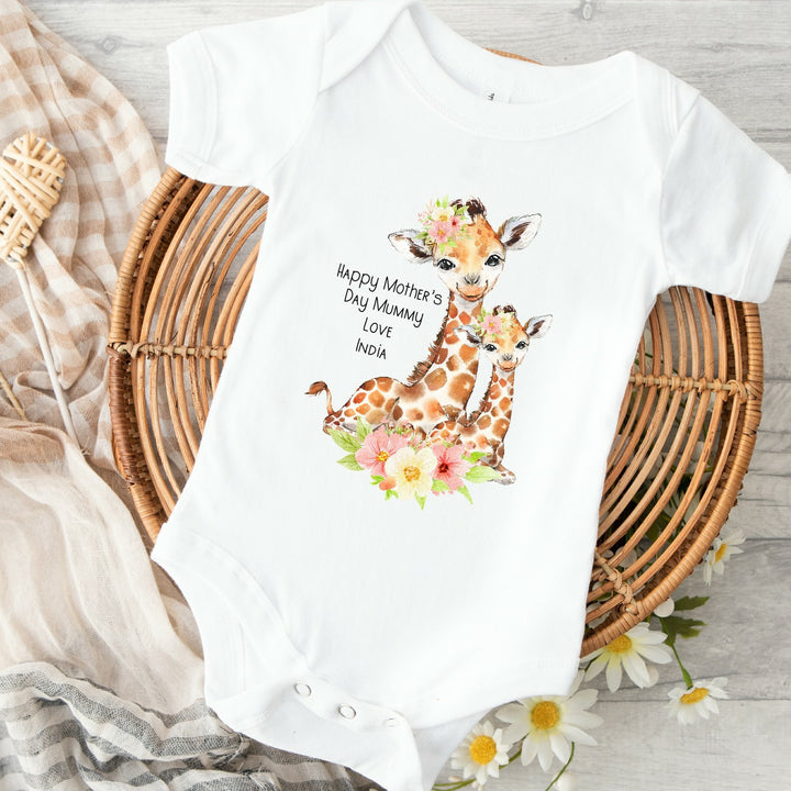 Giraffe Baby Girl Personalised First Mother's Day Babygrow/Vest
