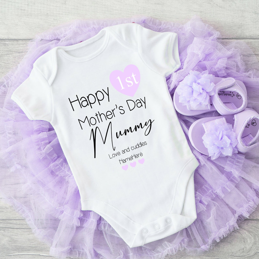 Personalised Happy 1st Mother's Day Mummy Purple Heart Babygrow/Vest