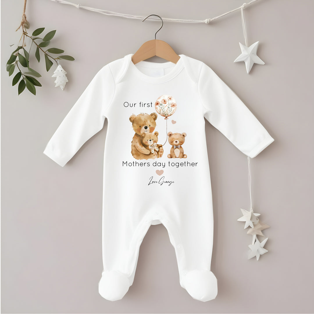 Personalised Our First Mother's Day Bear Balloons Babygrow/Vest