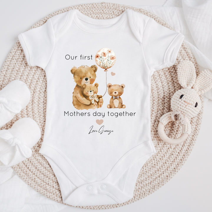 Personalised Our First Mother's Day Bear Balloons Babygrow/Vest