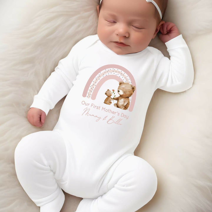 Personalised Our First Mother's Day Pink Bears Rainbow Babygrow/Vest