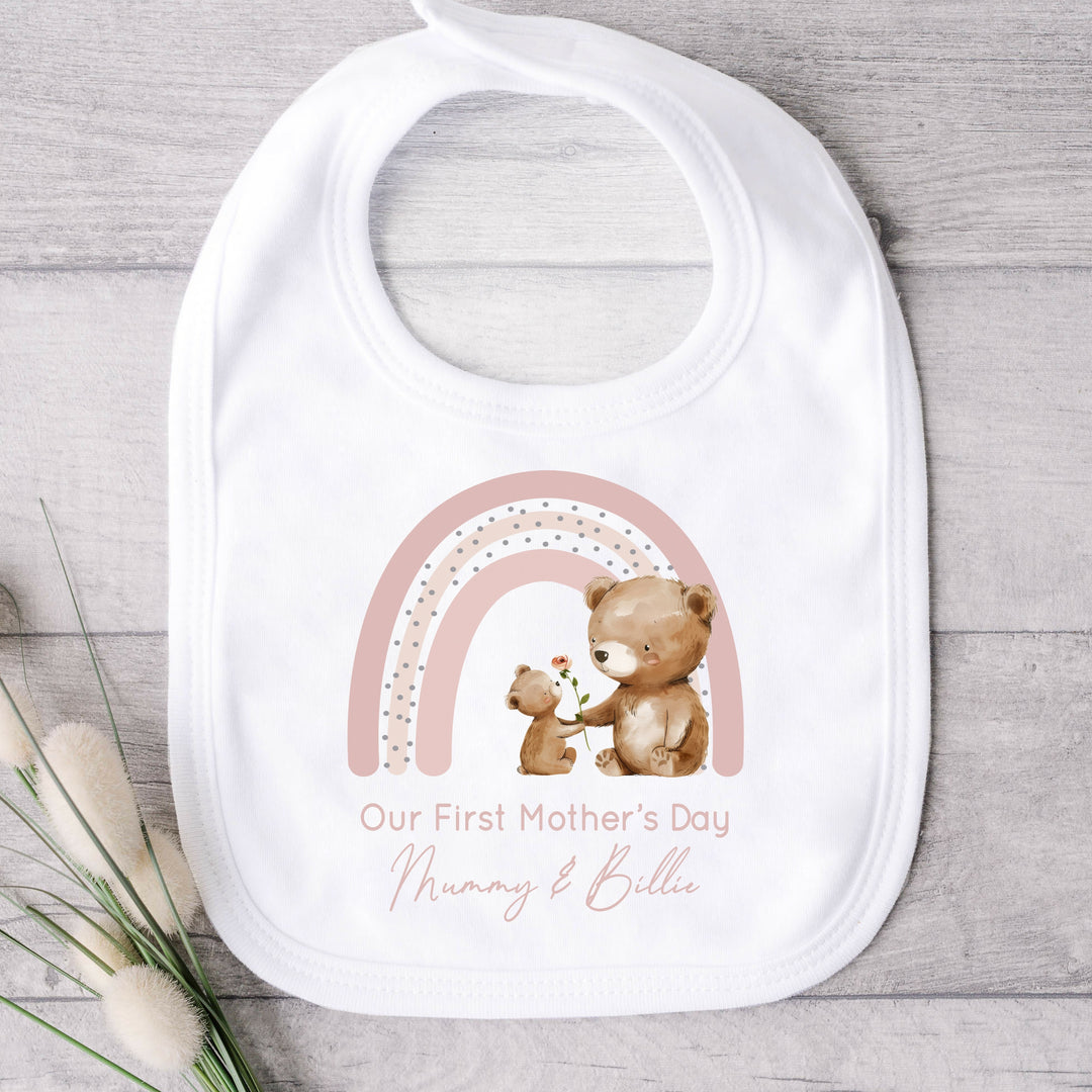 Personalised Our First Mother's Day Pink Bears Rainbow Babygrow/Vest