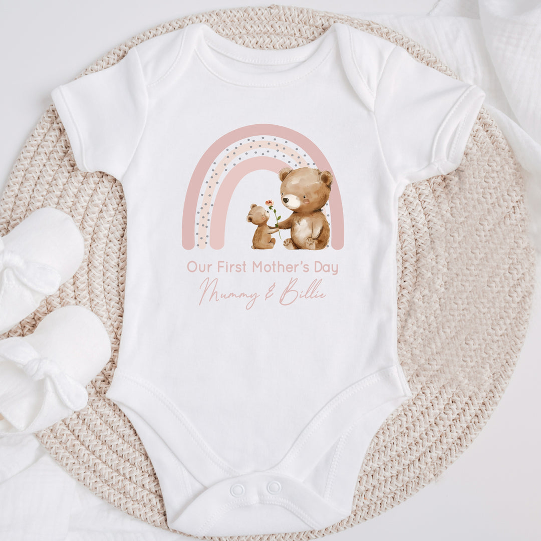 Personalised Our First Mother's Day Pink Bears Rainbow Babygrow/Vest