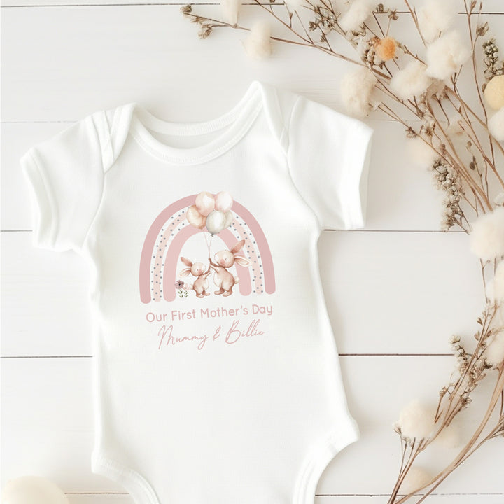 Personalised Our First Mother's Day Pink Bunny Rainbow Babygrow/Vest