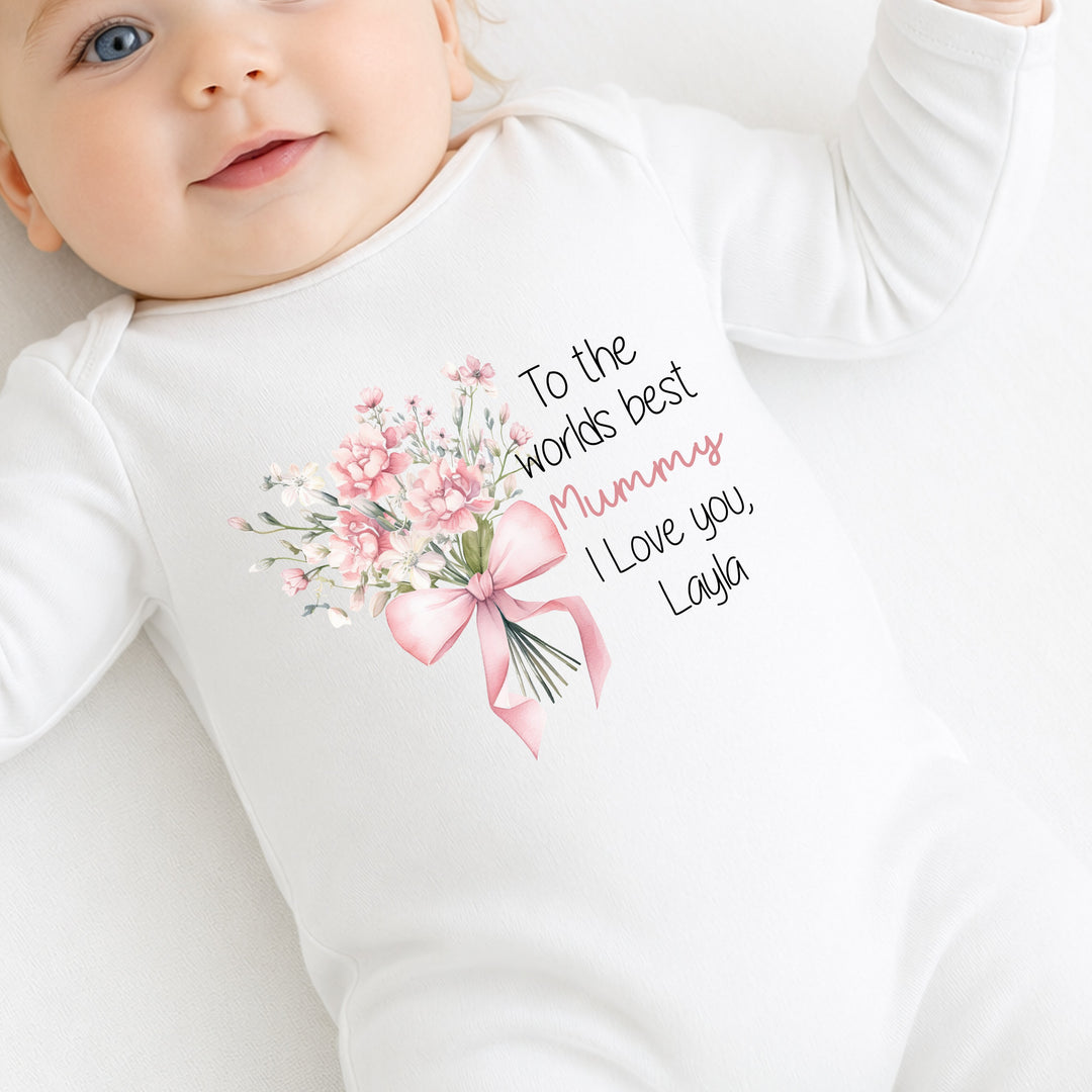 Personalised Pink Flowers Our First Mother's Day Baby Grow or Vest