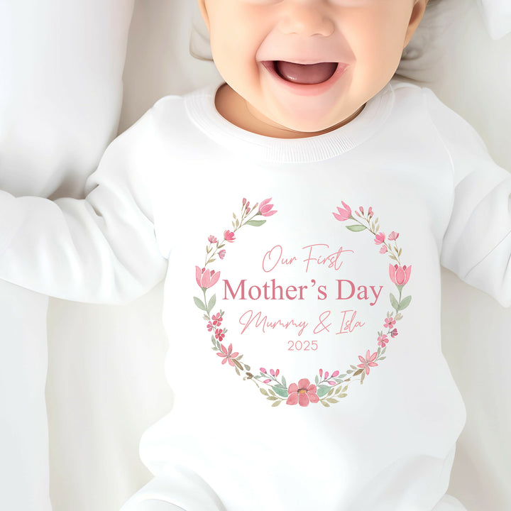 Personalised First Mother's Day Floral Wreath Babygrow/Vest