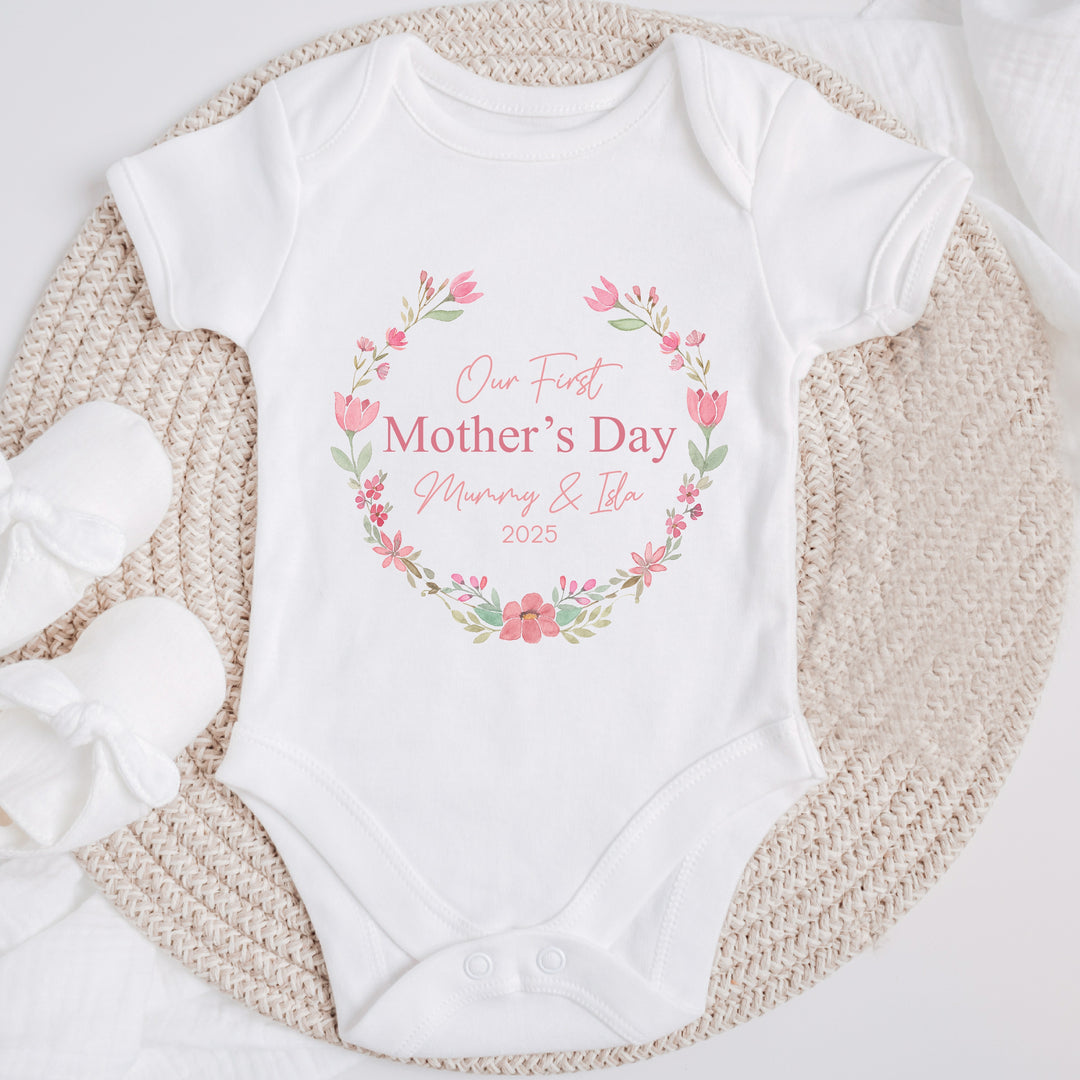 Personalised First Mother's Day Floral Wreath Babygrow/Vest