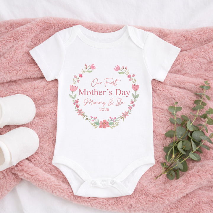 Personalised Pink Floral Wreath Our First Mother's Day Baby Grow or Vest