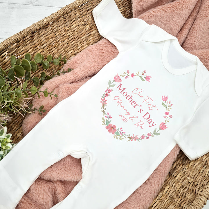 Personalised Pink Floral Wreath Our First Mother's Day Baby Grow or Vest