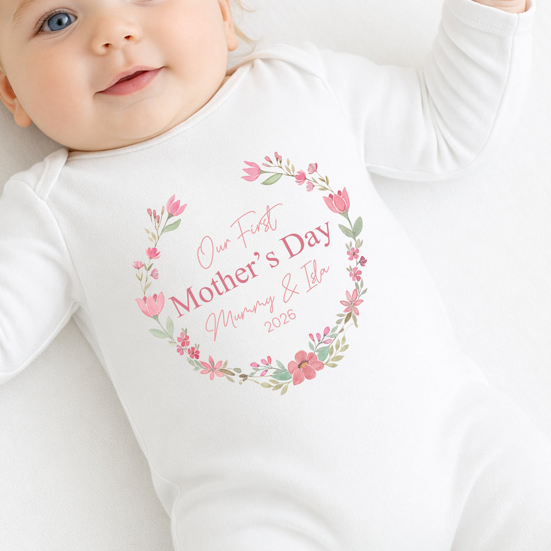 Personalised Pink Floral Wreath Our First Mother's Day Baby Grow or Vest
