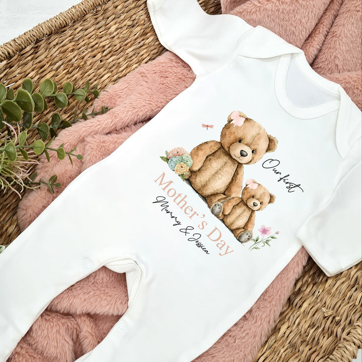 Personalised Pink Teddies Our First Mother's Day Baby Grow or Vest