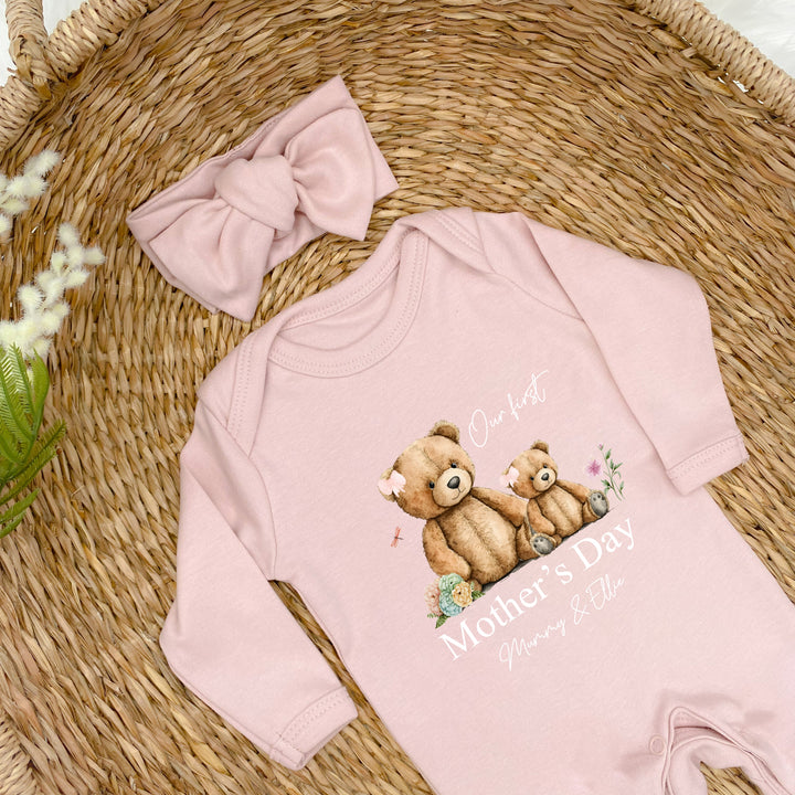 Personalised First Mother's Day Pink Teddy Babygrow/Vest