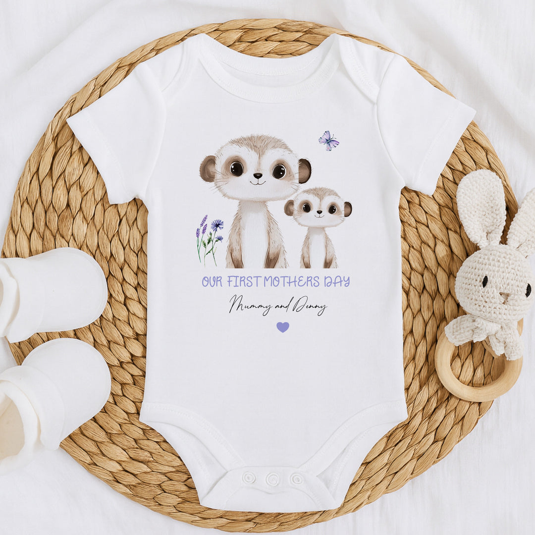 Personalised Meerkat Our First Mother's Day Baby Grow, Vest or Bib