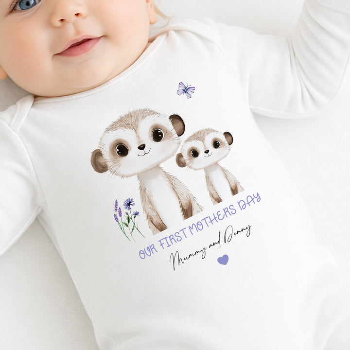 Personalised Meerkat Our First Mother's Day Baby Grow, Vest or Bib