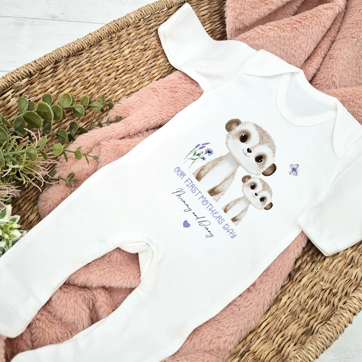 Personalised Meerkat Our First Mother's Day Baby Grow, Vest or Bib