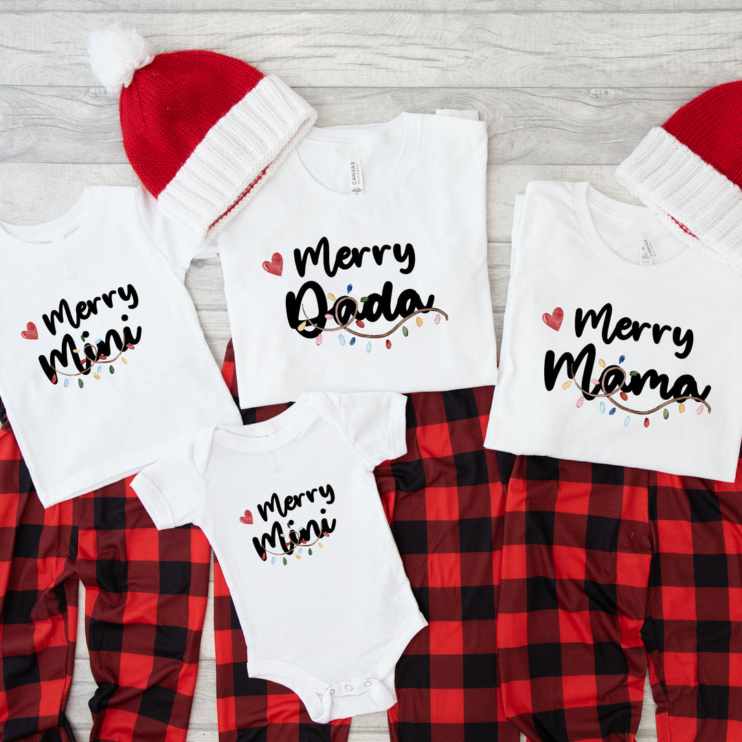 Merry Mama, Dada, Mini Family Personalised Matching T-Shirt or Baby Vest