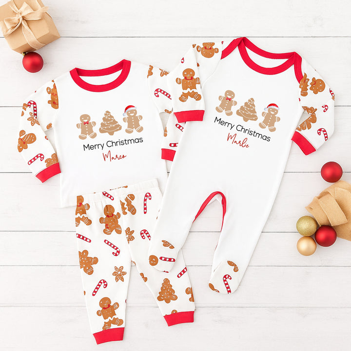 Personalised Gingerbread Trio Merry Christmas Sibling Matching Pyjamas or Baby Grow