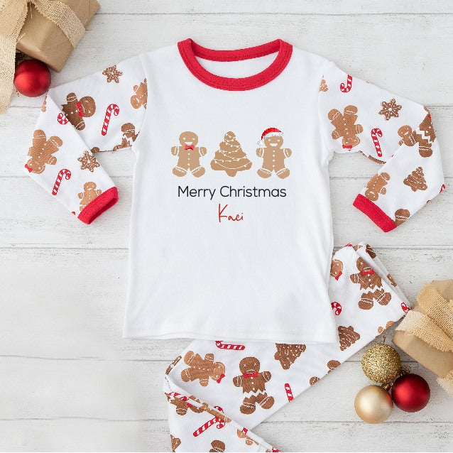 Personalised Merry Christmas Sibling Matching Gingerbread Pyjamas/Babygrow