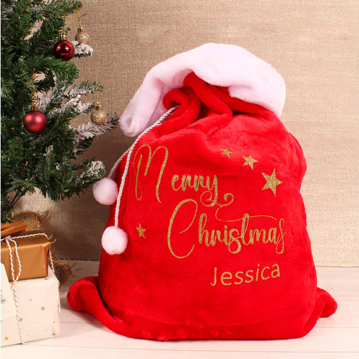 Personalised Red Fluff PomPom Christmas Santa Sack