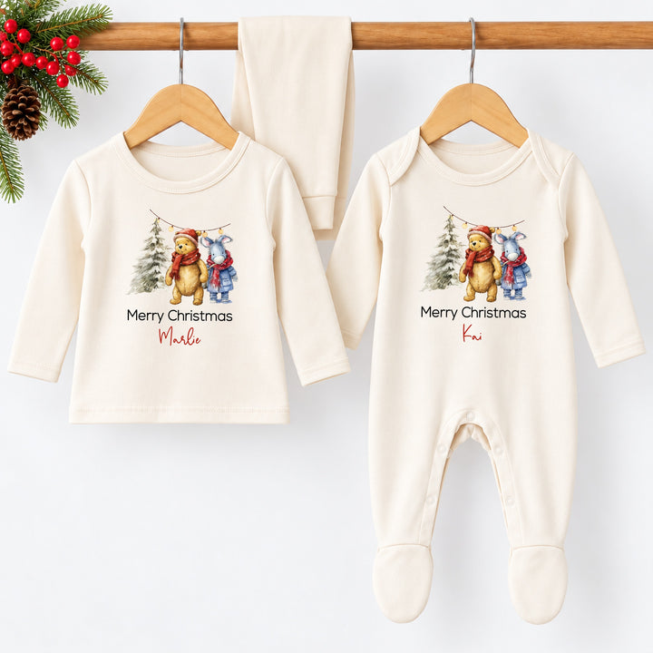 Personalised Pooh Bear Christmas Beige Sibling Matching Pyjamas or Baby Grow