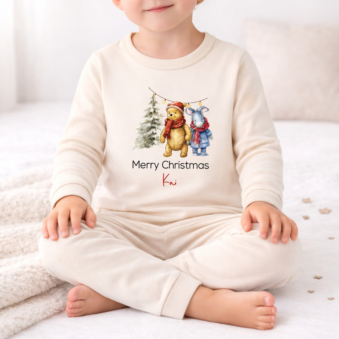 Personalised Pooh Bear Christmas Beige Sibling Matching Pyjamas or Baby Grow
