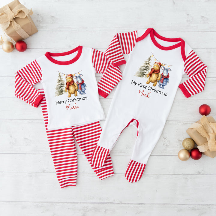 Personalised Pooh Bear Sibling Matching Babygrow/Pyjamas