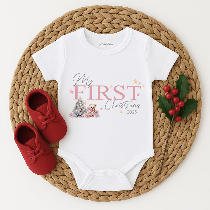 Pink My First Christmas Teddy Baby Grow/Vest/Bib