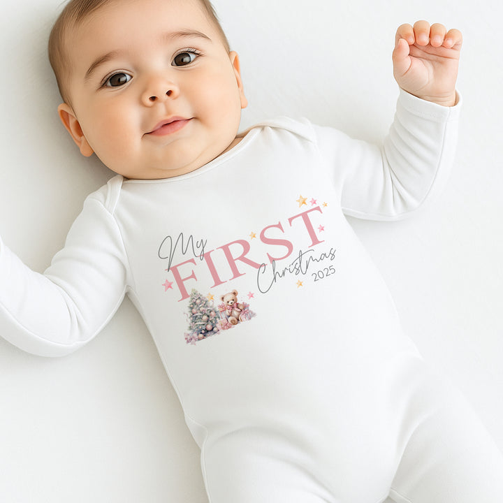 Pink My First Christmas Teddy Baby Grow/Vest/Bib