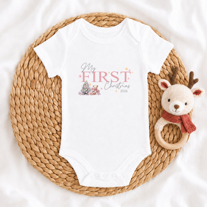 Pink Teddy Bear My First Christmas Baby Grow, Vest or Bib
