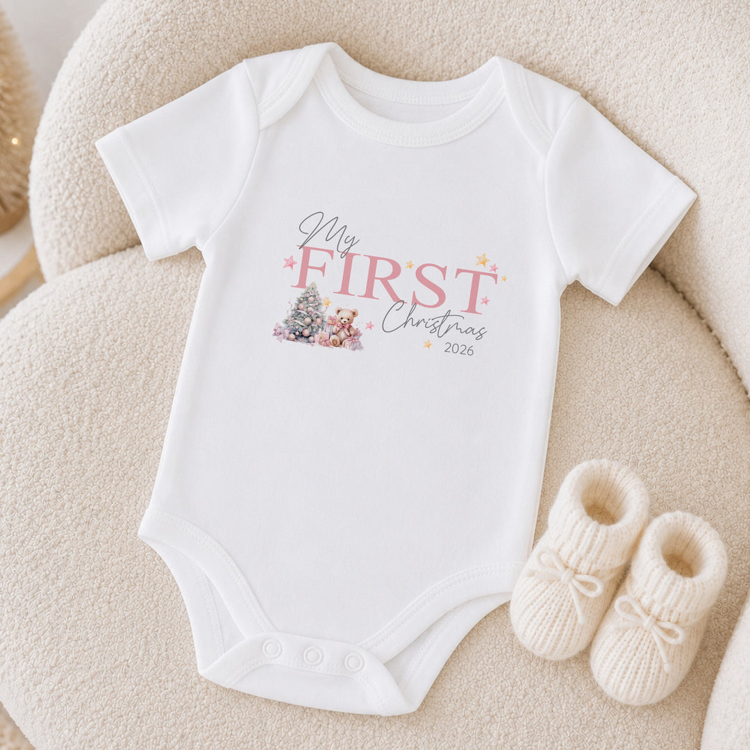 Pink Teddy Bear My First Christmas Baby Grow, Vest or Bib