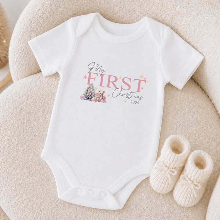 Pink Teddy Bear My First Christmas Baby Grow, Vest or Bib