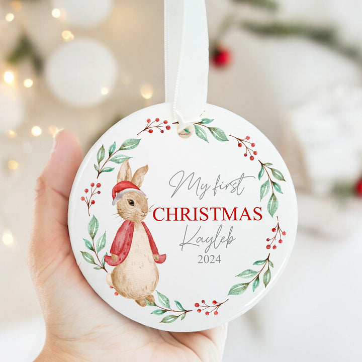 Personalised My First Christmas Red Rabbit Wreath Ceramic Ornament