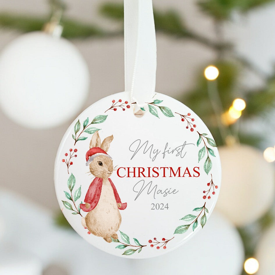 Personalised My First Christmas Red Rabbit Wreath Ceramic Ornament