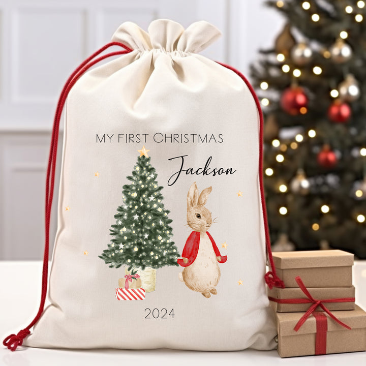 Personalised Red Christmas Rabbit Red Drawstring Sack or Stocking