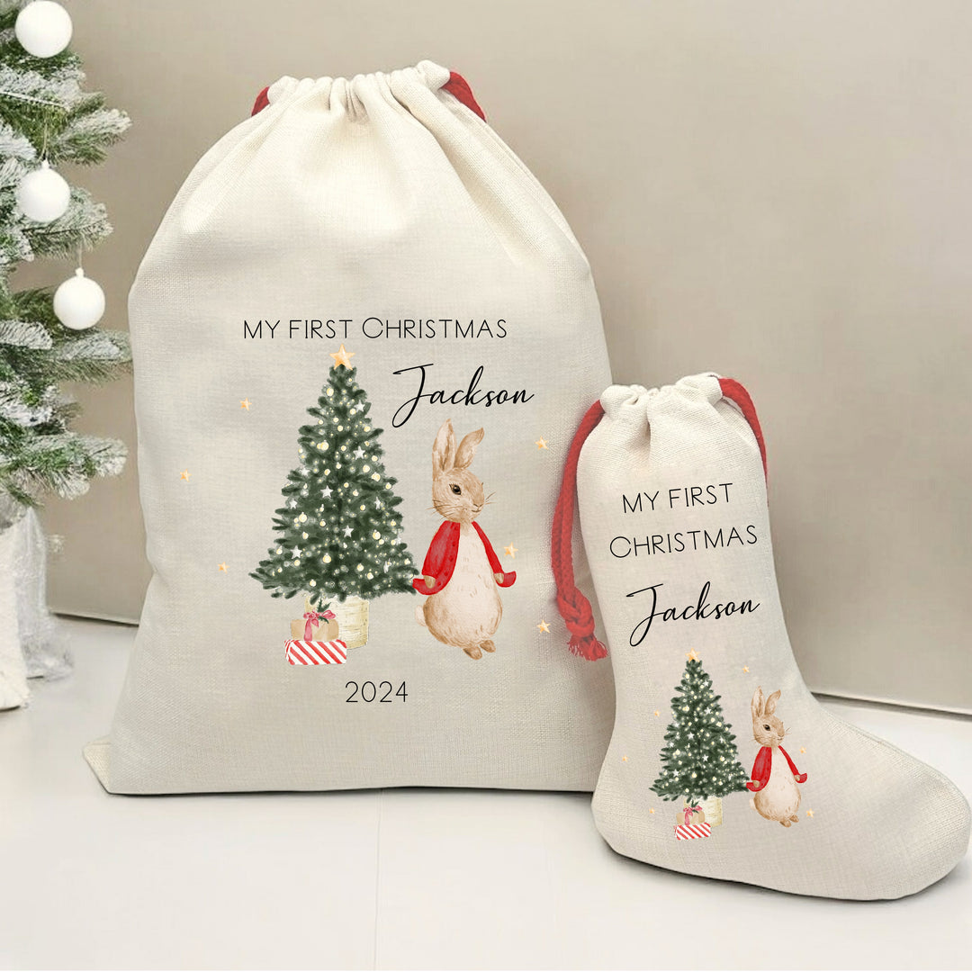 Personalised Red Christmas Rabbit Red Drawstring Sack or Stocking