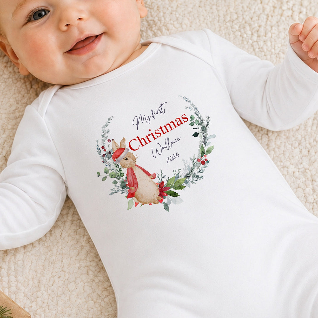 Personalised Red Rabbit Wreath My First Christmas Baby Grow, Vest or Bib