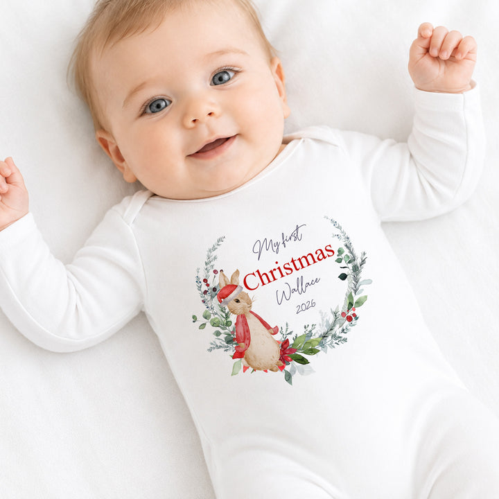 Personalised Red Rabbit Wreath My First Christmas Baby Grow, Vest or Bib