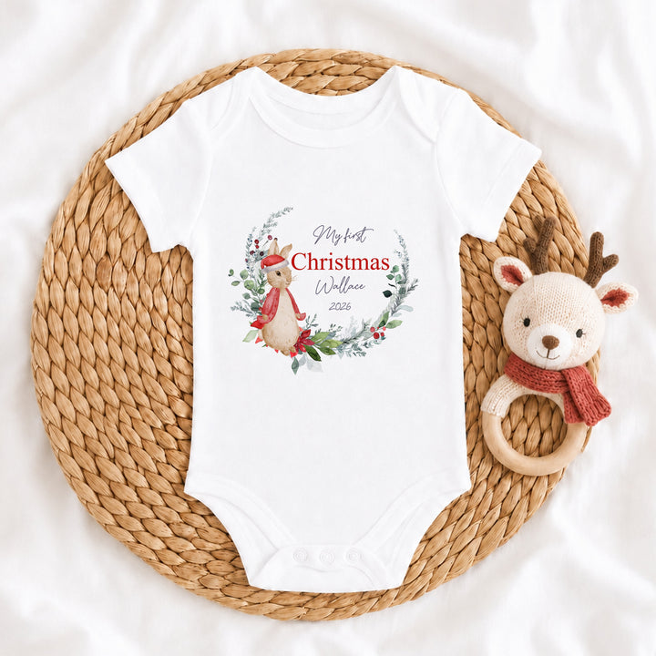 Personalised Red Rabbit Wreath My First Christmas Baby Grow, Vest or Bib