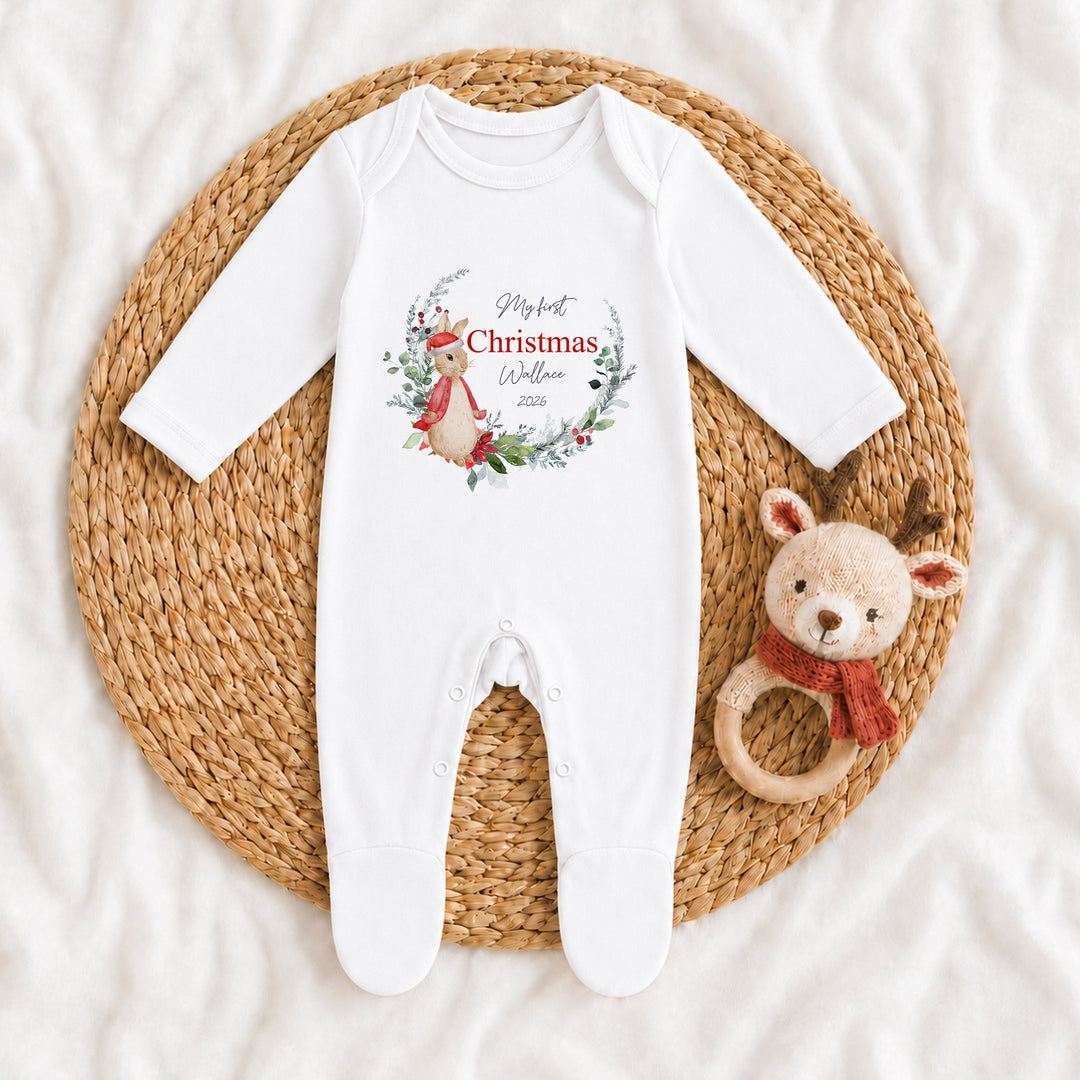 Personalised Red Rabbit Wreath My First Christmas Baby Grow, Vest or Bib