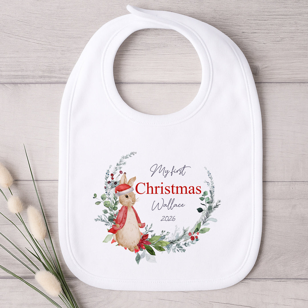 Personalised Red Rabbit Wreath My First Christmas Baby Grow, Vest or Bib